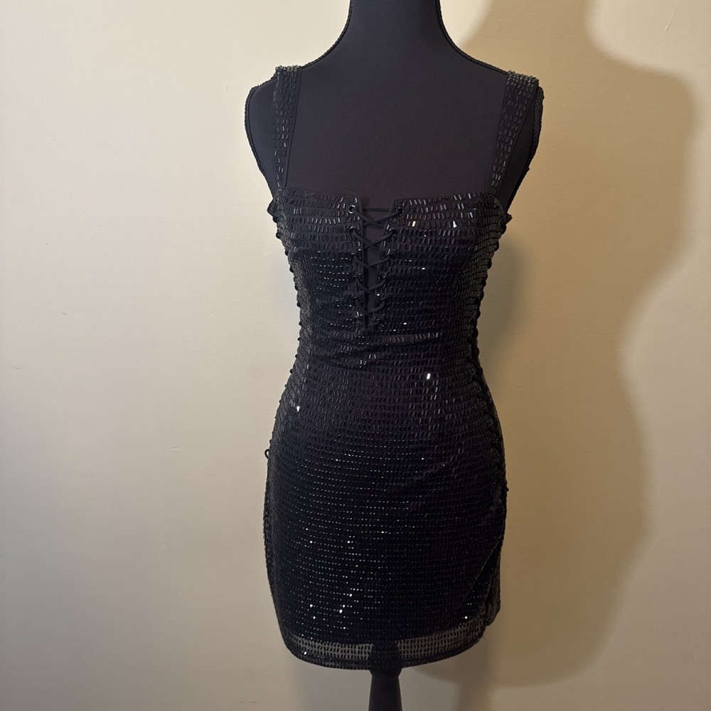 Windsor Kinley Black Rhinestone Mesh Corset Lace Up Mini Dress‎ Club Party NWT S